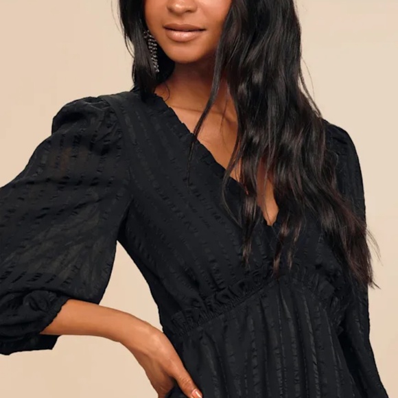 Lulus Forever In My Heart Black Striped Balloon Sleeve Mini Dress - Size S - Picture 4 of 4